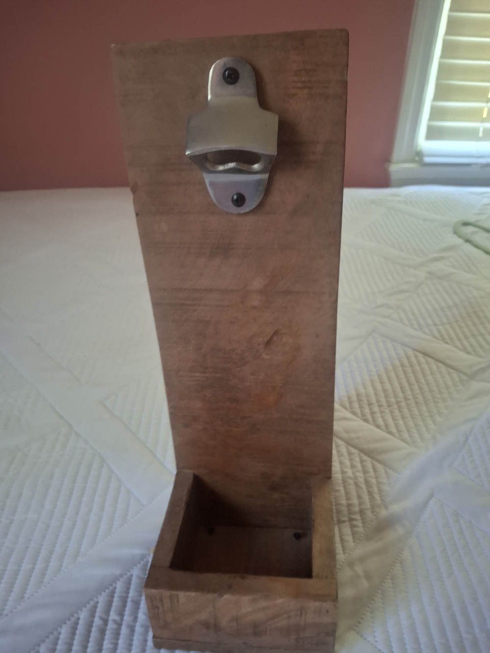 Rustic Wall-Mounted Bottle Opener with Metal Catch Tray - Wood